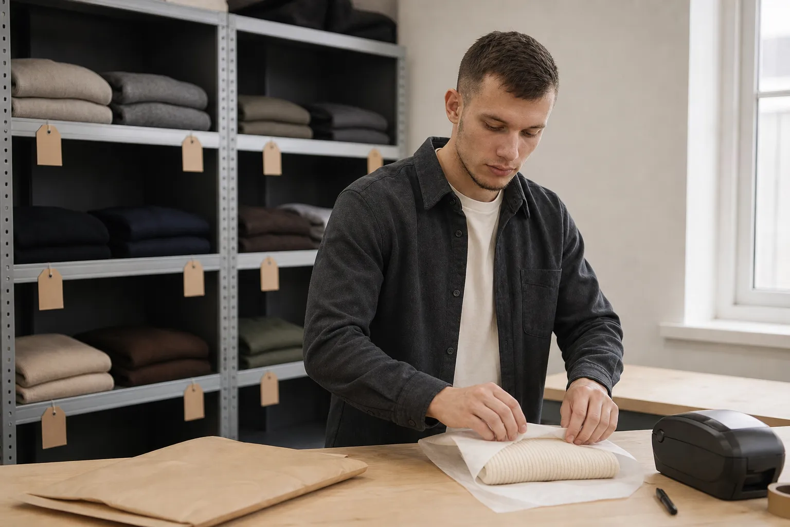Oleksandr packing a garment at an organised inventory station