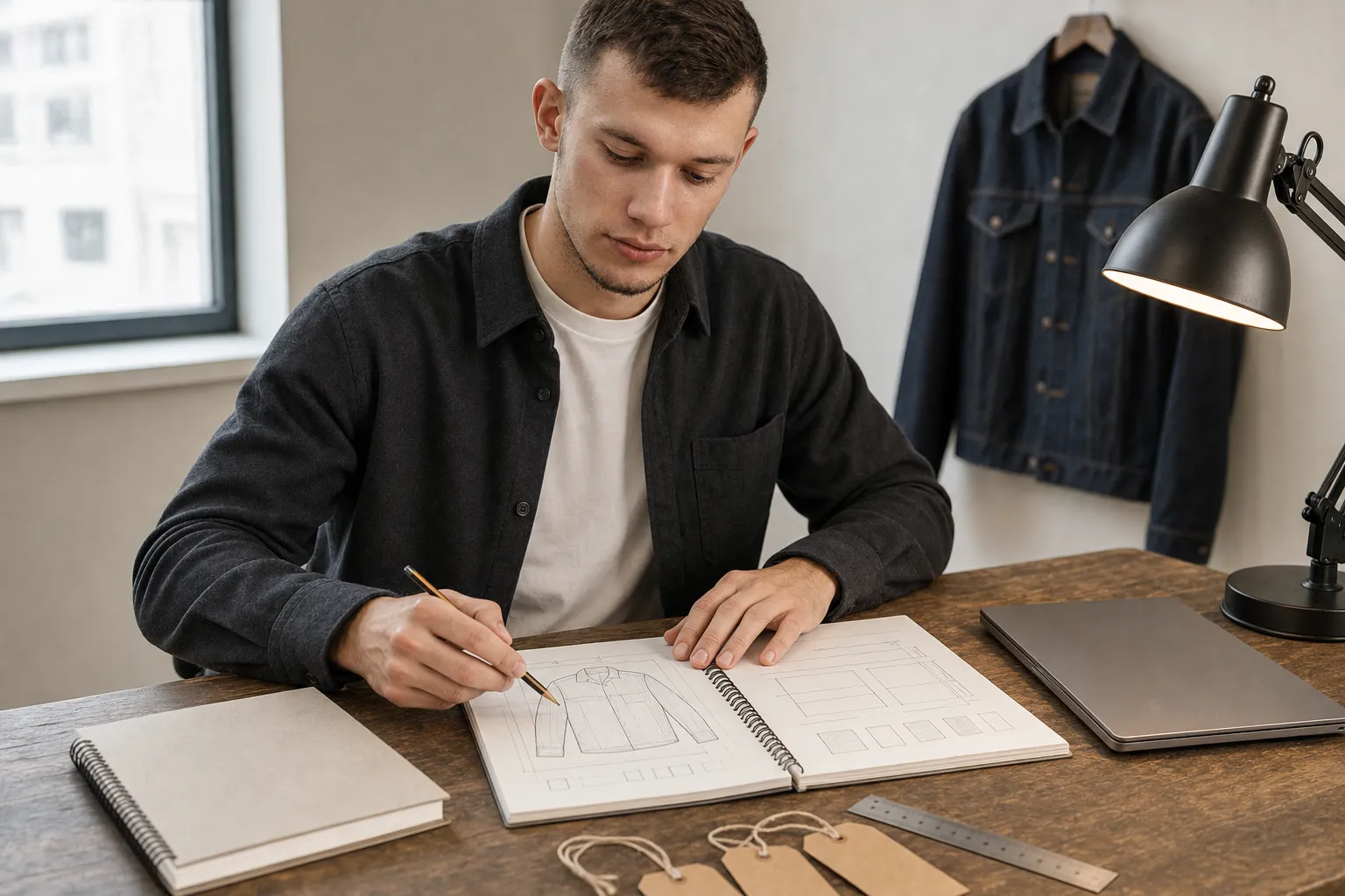 Oleksandr reviewing clothing resale field guide diagrams and worksheets