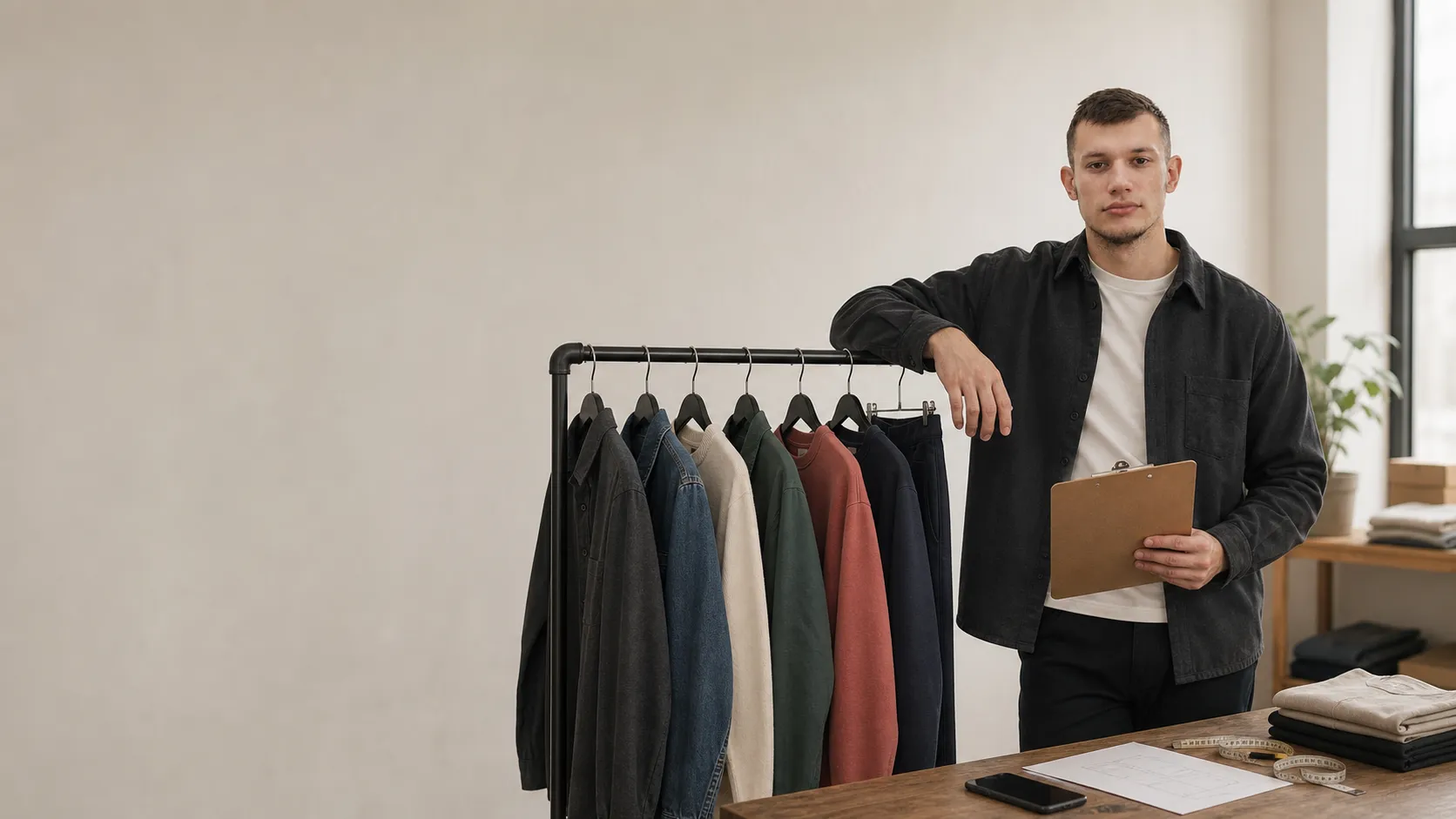 Oleksandr Andreev beside a carefully organised rail of unbranded clothing in a resale studio