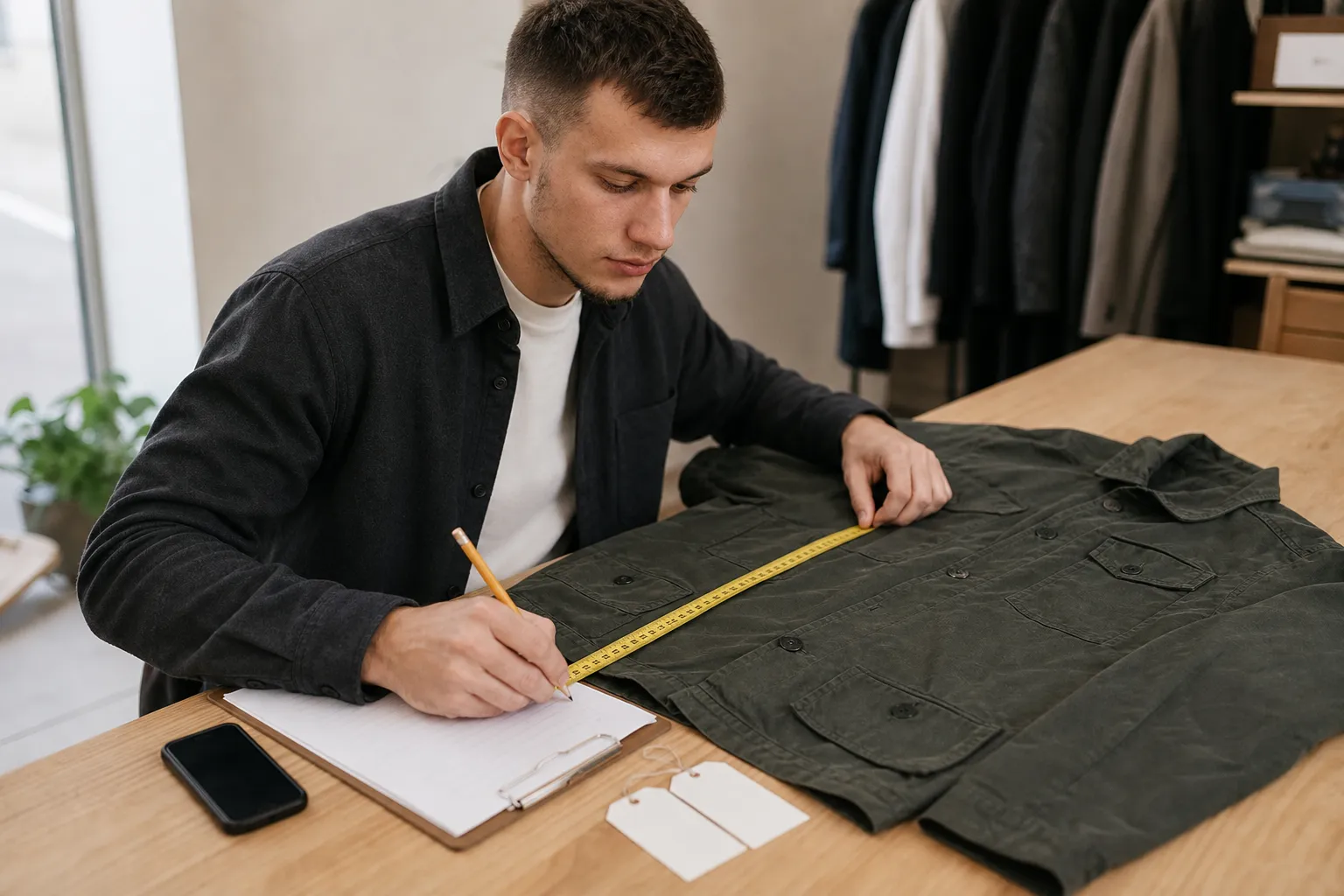 Oleksandr measuring a jacket and completing an item record