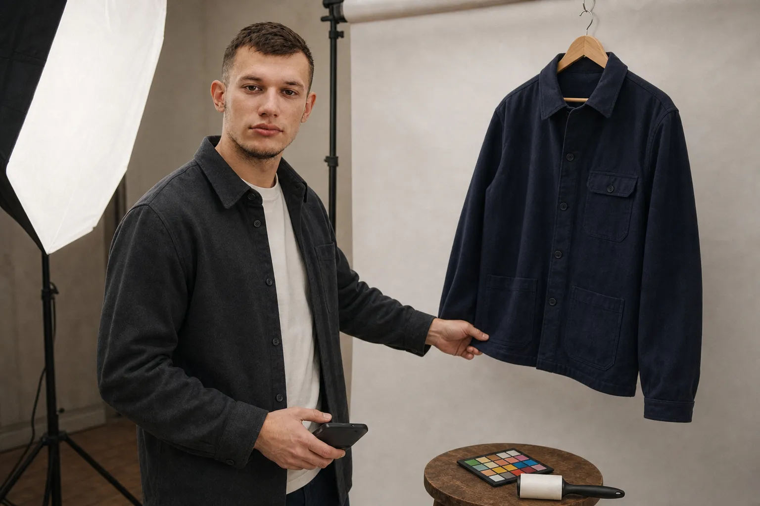 Oleksandr preparing an original photograph of an unbranded jacket